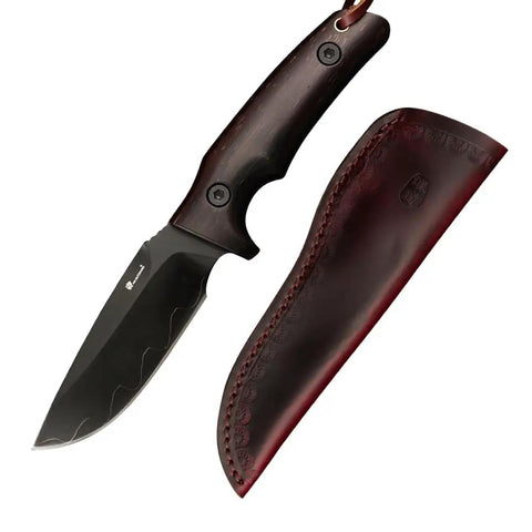 Fixed Blade Knife With Rosewood Handle And Leather Sheath For Outdoor Use VG10 Steel Blade 3.74 Inch Cutting Edge 230mm Overall Ergonomic