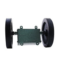 Rolling Wheel Length Counter For Yard And Construction Stainless Steel Distance Tracker with wheels and housing, side view.