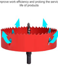 Beast Mode Bi Metal 4 Inch Hole Saw with Arbor and Pilot Bit for fast clean cuts in red, showing ventilation arrows