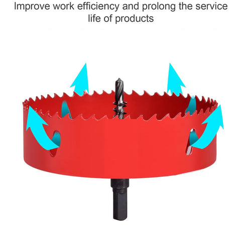 Beast Mode Bi Metal 4 Inch Hole Saw with Arbor and Pilot Bit for fast clean cuts in red, showing ventilation arrows
