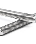 Close-up of two 16-inch stainless steel fully threaded rods, 1/2-inch diameter, 13 TPI, right-hand threads