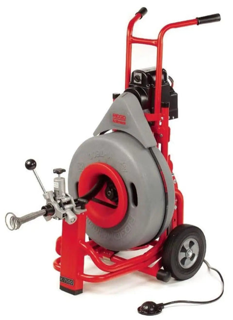 Top Notch Auto Feed Drain Cleaning Machine With Smooth Operator Cable Control And Three Quarter Inch Pigtail Plus Nine Piece Cutter Set Killer Clearance For Stubborn Clogs And Messy Pipes on a red stand with wheels.