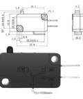 Diagram and front view of 125V To 250V SPDT Snap Action Micro Limit Switch Button For Microwave Ovens And Arcade Door Interlocks, 1NO 1NC, 16A Rating, Push Button Actuator, Durable Compact Switch Body 4 x 2.3 x 1.1 cm, 12 Pack
