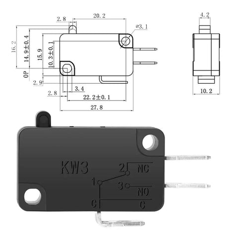 Diagram and front view of 125V To 250V SPDT Snap Action Micro Limit Switch Button For Microwave Ovens And Arcade Door Interlocks, 1NO 1NC, 16A Rating, Push Button Actuator, Durable Compact Switch Body 4 x 2.3 x 1.1 cm, 12 Pack