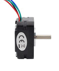 NEMA 17 bipolar stepper motor, short body, black housing with four colored wires, side view