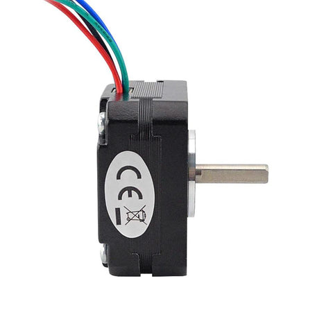 NEMA 17 bipolar stepper motor, short body, black housing with four colored wires, side view