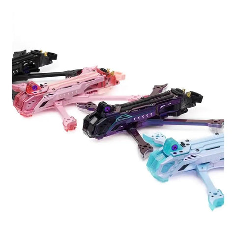 5 Inch Carbon Frame Kit Dope Dual Wide X and DC Wheelbase Options 225mm or 235mm, Fully Compatible With Propulsion Modules, Mechanical Propulsion Rig Blue Pink Finish. Carbon drone frame kit in blue, pink and black, angled view.