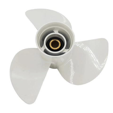 14 Diameter 11 Pitch Aluminum Boat Propeller For Yamaha Outboards 60HP To 130HP Right Hand Rotation With 15 Tooth Spline 6E5 45954 00 00 Top Notch Marine Propeller For Fast Smooth Acceleration, top view.
