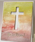 Greeting card with cross cutout and 'He is Risen!' text, showcasing Cross Set Metal Die Cuts For Christmas Pray Fish Cross Cutting Dies Stencils For DIY Scrapbooking Embossing Card Making And Bow Creations Carbon Steel Thin Die Cut Shapes For Creative Crafts