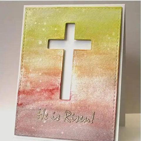 Greeting card with cross cutout and 'He is Risen!' text, showcasing Cross Set Metal Die Cuts For Christmas Pray Fish Cross Cutting Dies Stencils For DIY Scrapbooking Embossing Card Making And Bow Creations Carbon Steel Thin Die Cut Shapes For Creative Crafts