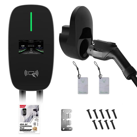 Heavy Duty Level 2 EV Charger Station For Full Throttle Charging And No Sweat Install, 48 Amp 11.5 KW Hardwired Wall Box with smart display and accessories.