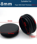One Hundred Pieces Black Thickened Pipe End Caps with 48mm size, ideal for protecting metal tubing furniture from scratches.