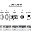 Diagram of 4 Pack 1 NPT Black Cable Gland Kit IP69 showing lock nut, washer, body, seal, and sealing nut with specifications.