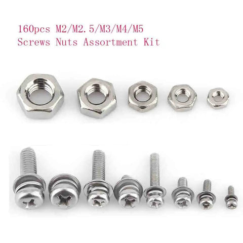 160 Pieces Stainless Steel SS304 Pan Head Screws And Nuts Kit M2 To M5 Fasteners arranged by size