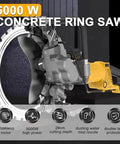 Heavy Duty Wet Concrete Saw Featuring Beast Mode 5000W Brushless Motor With Adjustable Depth For No Sweat Brick And Stone Cutting Includes Coolant Pump Steel Toolbox And Dual Discs For Real Deal Masonry Jobs close-up of the 5000W concrete ring saw with brushless motor and diamond disc.