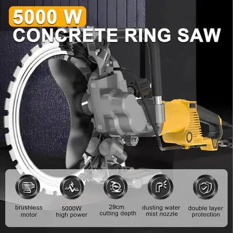 Heavy Duty Wet Concrete Saw Featuring Beast Mode 5000W Brushless Motor With Adjustable Depth For No Sweat Brick And Stone Cutting Includes Coolant Pump Steel Toolbox And Dual Discs For Real Deal Masonry Jobs close-up of the 5000W concrete ring saw with brushless motor and diamond disc.