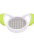 Potato cutter slicer with white body and lime green handles; stainless steel grid for cutting fries.