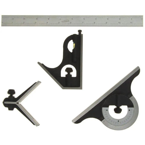 Premium Twelve Inch Four R Combination Square Set With Hardened Blade Satin Chrome Finish Etched Graduation In Eighths Sixteenths Thirty Seconds Sixty Fourths Center Finding Head Protractor Head And Square Miter Head Cast Iron Construction