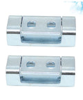 Two chrome-plated heavy-duty cabinet hinges for chassis and crate doors; metal hardware with two mounting holes