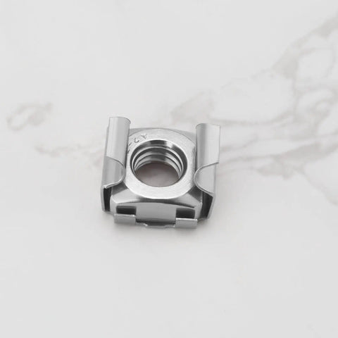 Rock Solid M8 Cage Nuts 304 Stainless Steel Hardware Kit 20 Piece Set For Server Racks Network Cabinets Electronic Chassis, close-up view of a single cage nut.