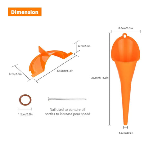 Dimensions of Drip-Free Oil Change Funnel Kit For Harley-Davidson Primary And Crankcase Fill Tool With Viton O-Rings shown.