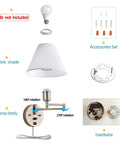 Swing Arm Wall Lamp With Plug In Design Dimmable Light USB Charging Port White Fabric Shade Nickel Finish Ideal For Bedside Living Room And Reading Nook Easy Setup And Cozy Ambience components diagram