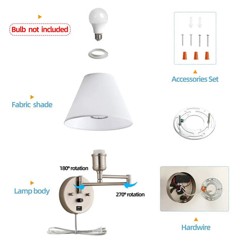 Swing Arm Wall Lamp With Plug In Design Dimmable Light USB Charging Port White Fabric Shade Nickel Finish Ideal For Bedside Living Room And Reading Nook Easy Setup And Cozy Ambience components diagram