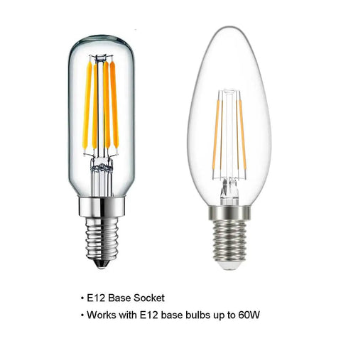 E12 base filament light bulbs compatible with Three Light Vanity Light Fixture In Matte Black With Seeded Glass Shades For Bathroom