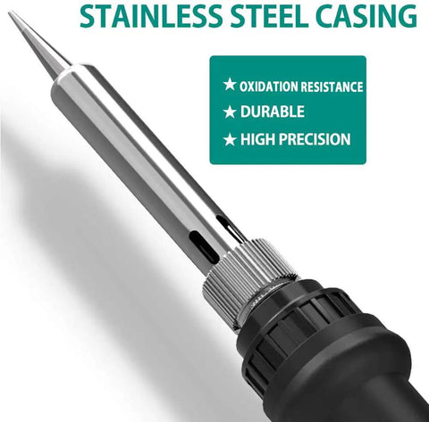 Close-up of soldering iron tip with stainless steel casing from 9 In 1 Soldering Kit With 60W Adjustable Temp Soldering Iron On Off Switch Quick Heat Up