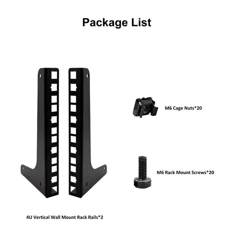 4U Vertical Wall Mount Rack Rails with M6 Screws and Cage Nuts, kit includes 2 rack rails and 20 of each screw and cage nut.