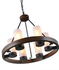 Farmhouse Wagon Wheel Six Light Chandelier With Frosted Seeded Glass Shades Rustic Hanging Light Fixture For Dining Room