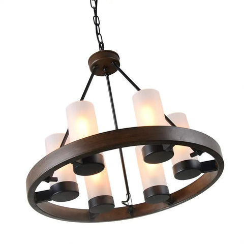 Farmhouse Wagon Wheel Six Light Chandelier With Frosted Seeded Glass Shades Rustic Hanging Light Fixture For Dining Room