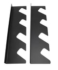 Heavy iron shovel and rake holder wall mount brackets, rust proof, open design for organizing yard tools.