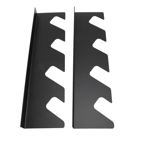 Heavy iron shovel and rake holder wall mount brackets, rust proof, open design for organizing yard tools.