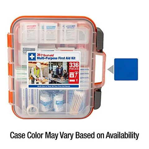 24/7 first aid kit case, clear plastic with orange latches, 336-piece multi-purpose kit