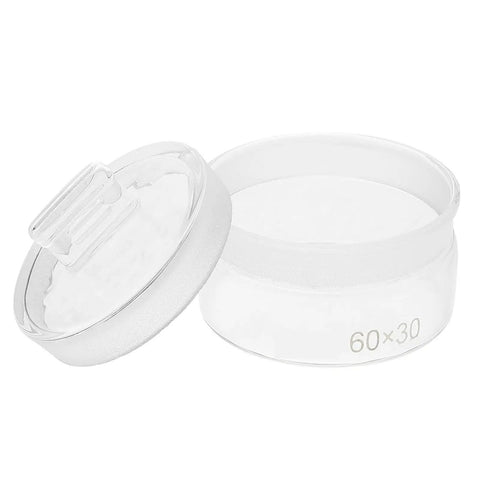 60x30 mm Graduated Glass Measuring Flask With Ground Glass Stopper shown open on white background. Durable, clear measurements visible.