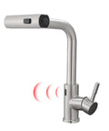 Slick Hands Free Kitchen Sink Faucet With Pull Down Sprayer And Waterfall Flow Featuring 360 Degree Swivel Design And No Sweat Auto Shut Off Feature For Everyday Home Cooking Tasks with brushed nickel finish.