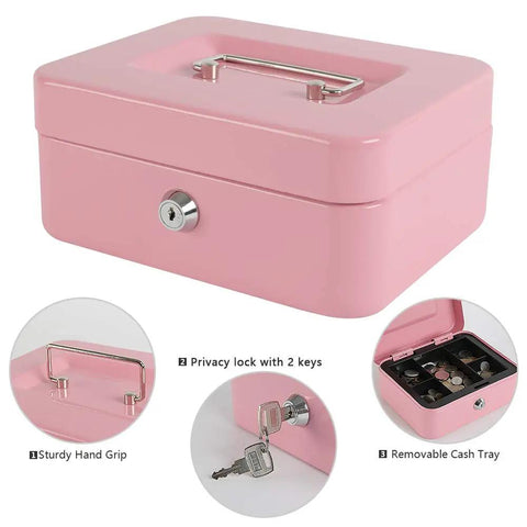 Locking Steel Cash Box With Removable Coin Tray And Key Lock Pink Medium Safe For Cash Or Tips Durable Metal Box