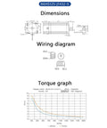 86HS125-J1432-S flange brake open-loop stepper motor; 48–72V DC, wiring colors (BLK/GRN/RED/BLU), torque graph.