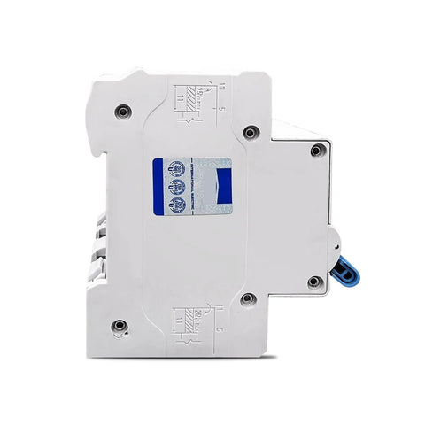 Side view of 2P DC Dual Power Manual Transfer Switch MCB For PV System 40A with durable white casing, blue handle.