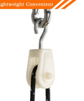 Close-up of a beige pulley with black rope for Mini Nylon Pulley Set For Wire Antennas And DIY Pulley Frames, Quiet Small Lightweight 10 Pack.