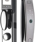 Drop Your Clunky Keys For This Rock Solid Fingerprint Door Lock With App Remote Override Password Entry IC Card Backup Electronic Digital Security For Your Everyday Home, sleek black design with digital panel.