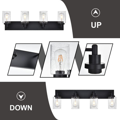 4 Light Black Vanity Lights Over Mirror With Seeded Glass Shades Sleek Modern Wall Mount Bath Fixture For Bedroom Kitchen Hallway E26 Base Dope Home Decor