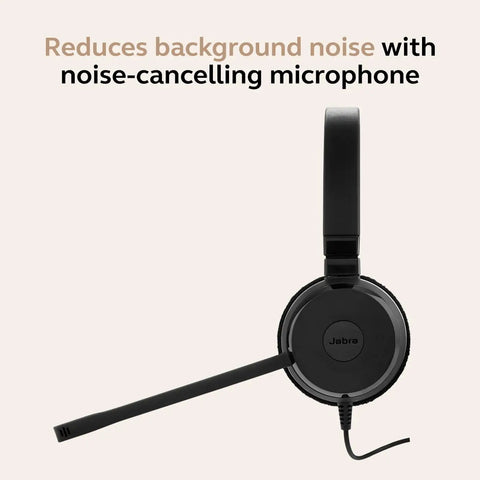 Left side view of Evolve 20 Dual-Ear Wired Headset For Office And Work From Home with noise-canceling microphone.