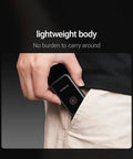 Hand holding No Sweat Laser Distance Meter With Straight Up Plus Or Minus Two Millimeter Accuracy Up To 165 Feet And Eleven Smart Modes for easy carry in pocket.