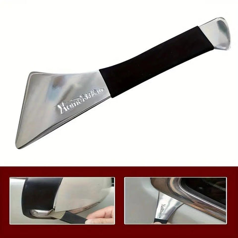 Stainless Steel Skid Plate For Car Interior And Exterior Protection, Rearview Mirror Removal Tool close-up with black handle