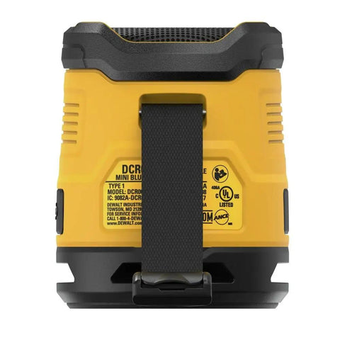 Back view of Rugged Jobsite Bluetooth Speaker With USB C Rechargeable Battery IP67 Dust And Water Resistant showing carry strap