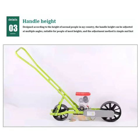 Side view of Top Notch Precision Garden Seeder And Row Planter For Walk Behind Spreading Seed in Terraces with adjustable handle height