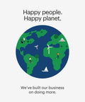 Illustration of Earth with people cycling and walking, wind turbine, and sailboat, text reads 'Happy people. Happy planet.'
