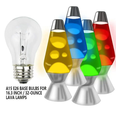 Four Pack A15 Oven Bulbs 40W 120V With E26 Base 2700K Warm White shown with colorful lava lamps